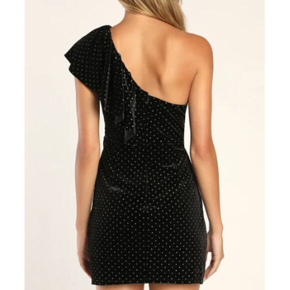 Lulus Black Velvet Polka Dot One-Shoulder Mini Dress S - Picture 2 of 11